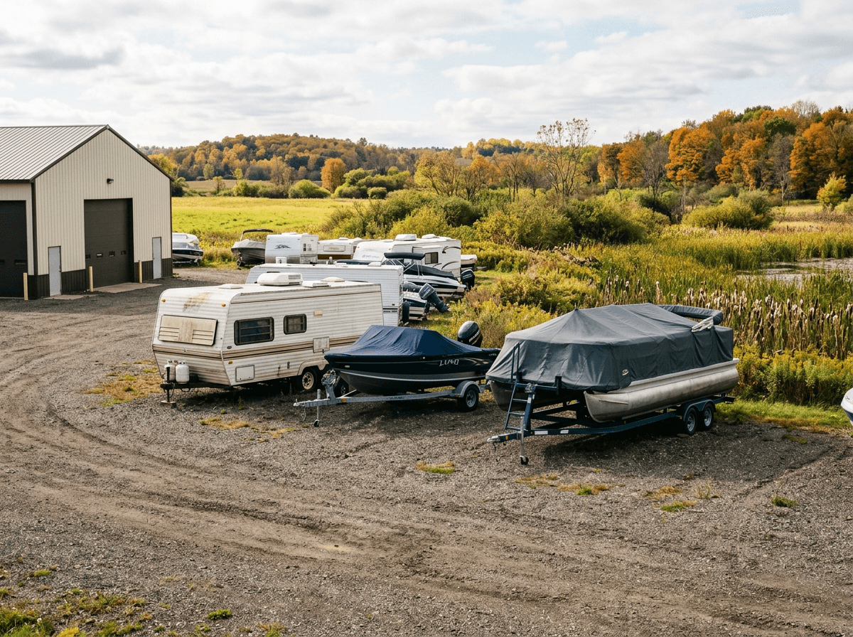 A covered pontoon boat and a travel camper parked in outdoor gravel storage spaces at a rural Wisconsin storage facility